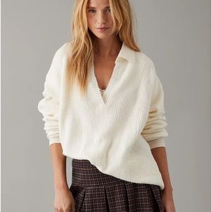 AE / Aerie Oversized Collared Sweater | Cream, Size Medium